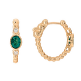14K Yellow Gold Oval Emerald & Diamond Hoop Earrings